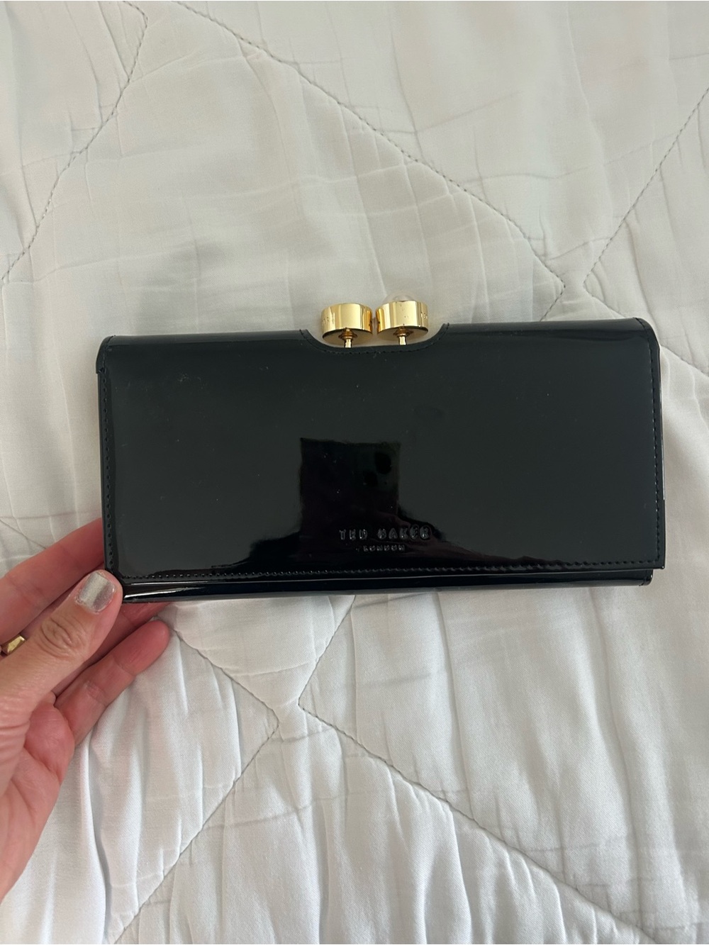 Ted Baker Black Patent Wristlet Clutch with Gold Clasp